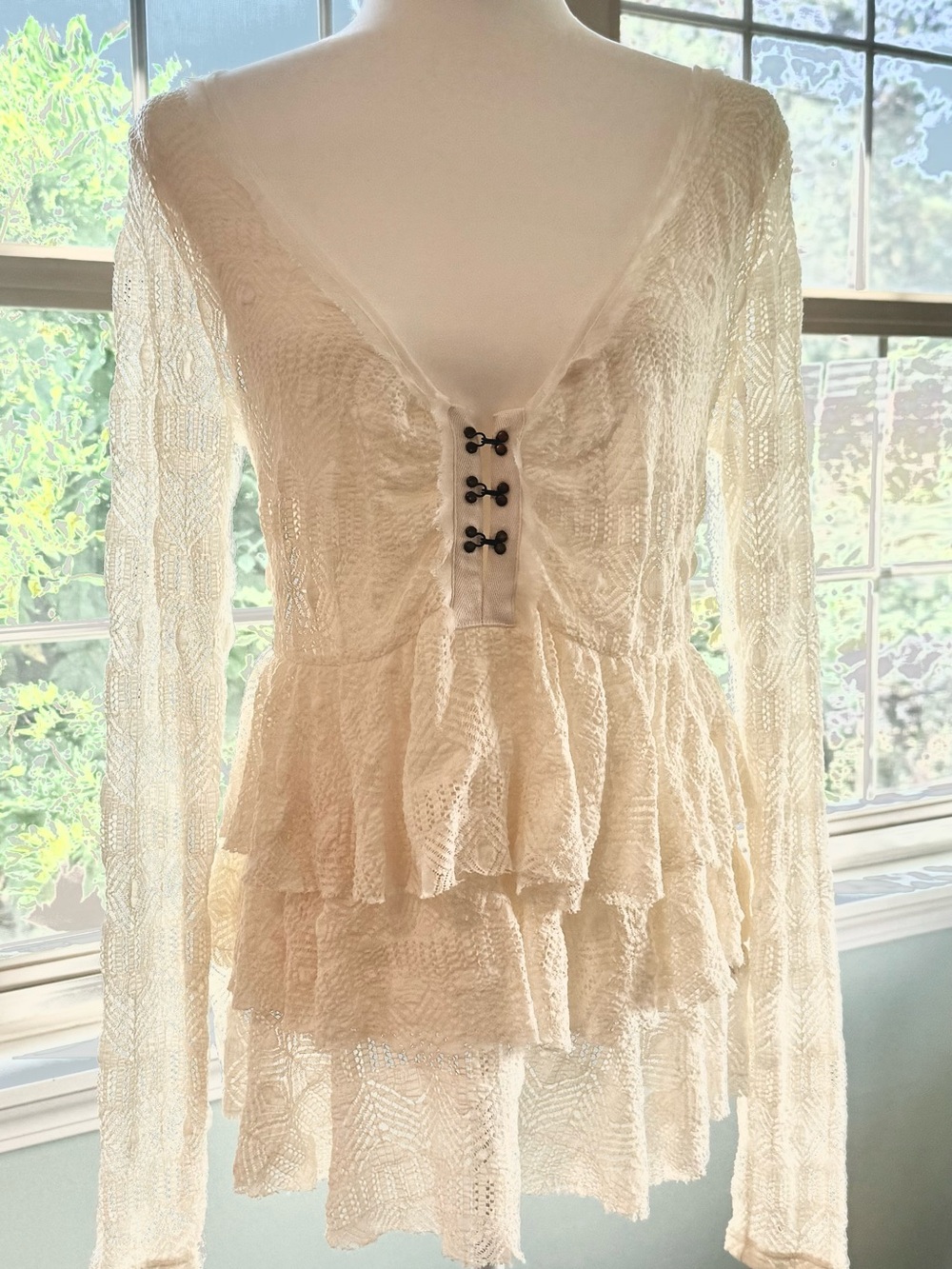 Free People Cream Lace Tiered Long Sleeve Top with Hook Closures